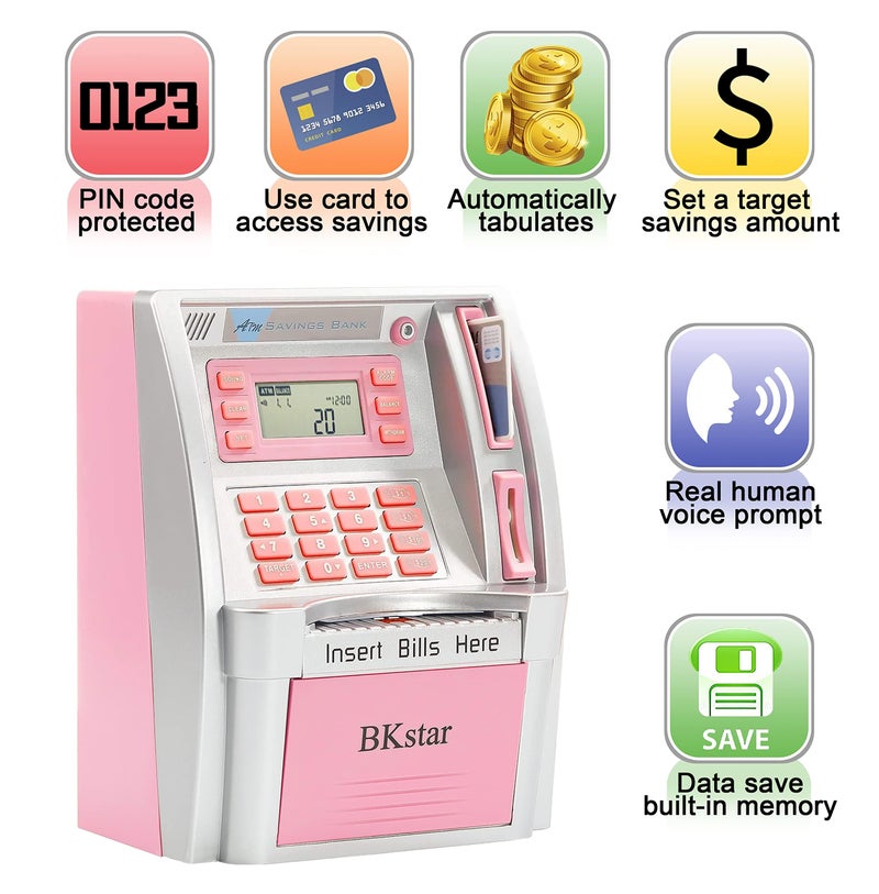 BKstar Kids Talking Pink ATM Piggy Bank with Debit Cards, Power-Off Memory, Auto-Opening Drawer for Real Money for Girls, Onekey Shutdown, Bill Feeder, Coin Recognition, Balance Calculator Machine - Image 2
